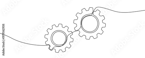 Illustration of two interlocking gears, made in one continuous line. Minimalist mechanical cogwheel drawing with a black stroke on a white background, vector illustration.