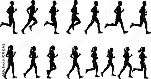 Running athlete silhouettes set, male and female joggers in various action poses, professional runners sprinting, fitness training vector illustration, isolated,