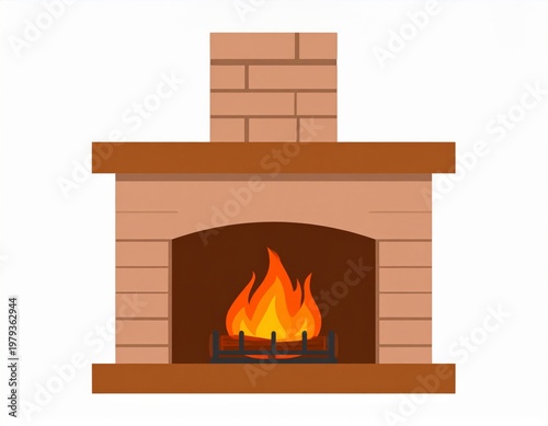 Brick Fireplace with Roaring Orange Flames and Metal Grate on White Background