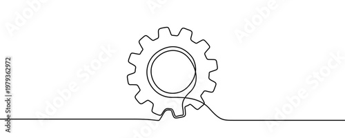 Illustration of a mechanical gear wheel, made in one continuous line. Minimalist cogwheel drawing with a black stroke and swirls on a white background, vector illustration.