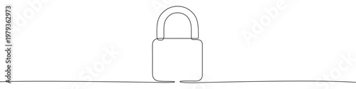 Illustration of a closed metal padlock, made in one continuous line. Minimalist security and privacy drawing with a black stroke on a white background, vector illustration.
