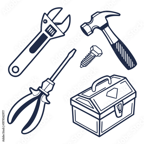 Toolbox and hand tools icons: wrench hammer screwdriver pliers bolt