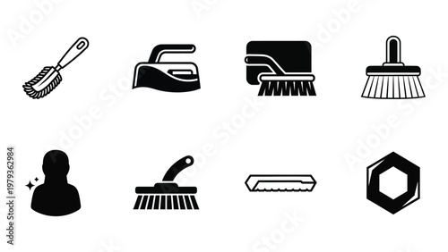 A collection of black silhouette icons depicting various cleaning tools a person cleaning and geometric shapes high quality professional detailed modern