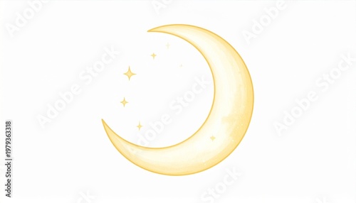 Golden Crescent Moon with Twinkling Stars in a White Background Celestial Illustration