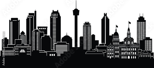 San Antonio city skyline vector icons set, featuring Tower of the Americas and Texas landmarks, black silhouette architectural symbols, isolated, USA.