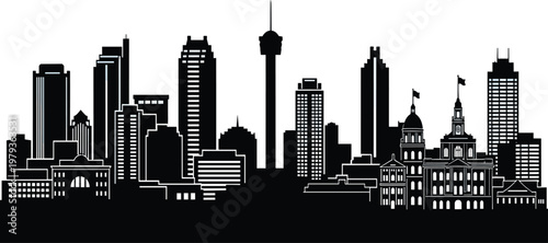 San Antonio Texas city skyline vector silhouette, featuring Tower of the Americas and downtown landmarks, isolated black architectural icons on white.