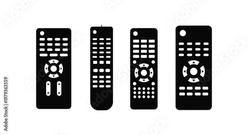 Four black remote controls displayed in a simple graphic silhouette