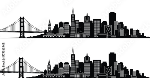 San Francisco Skyline Silhouette Collection Featuring Golden Gate Bridge, California Cityscape Architecture, Urban Horizon Vector Art, and Famous American Landmark Graphics