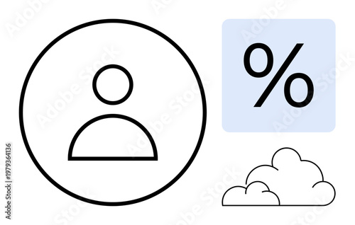 User interface, data analytics, cloud storage, percentage tracking, digital identity, minimalistic design. A person icon, percentage symbol and cloud graphic are displayed. User interface and data