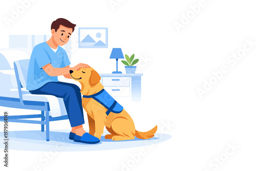 Man petting service dog while sitting in cozy indoor setting  