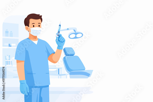 Male dentist holding syringe in dental office with equipment nearby  