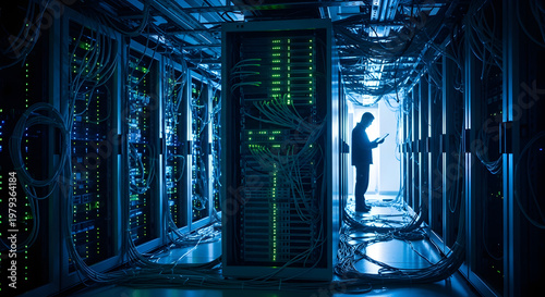 A man is standing in a dimly lit server room filled with rows of computer equipment and cables.