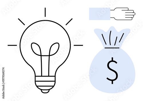 Business ideas, entrepreneurship, financial investment, innovation, economic growth, creative solutions. A light bulb, money bag and hand icon. Innovation and entrepreneurship concepts