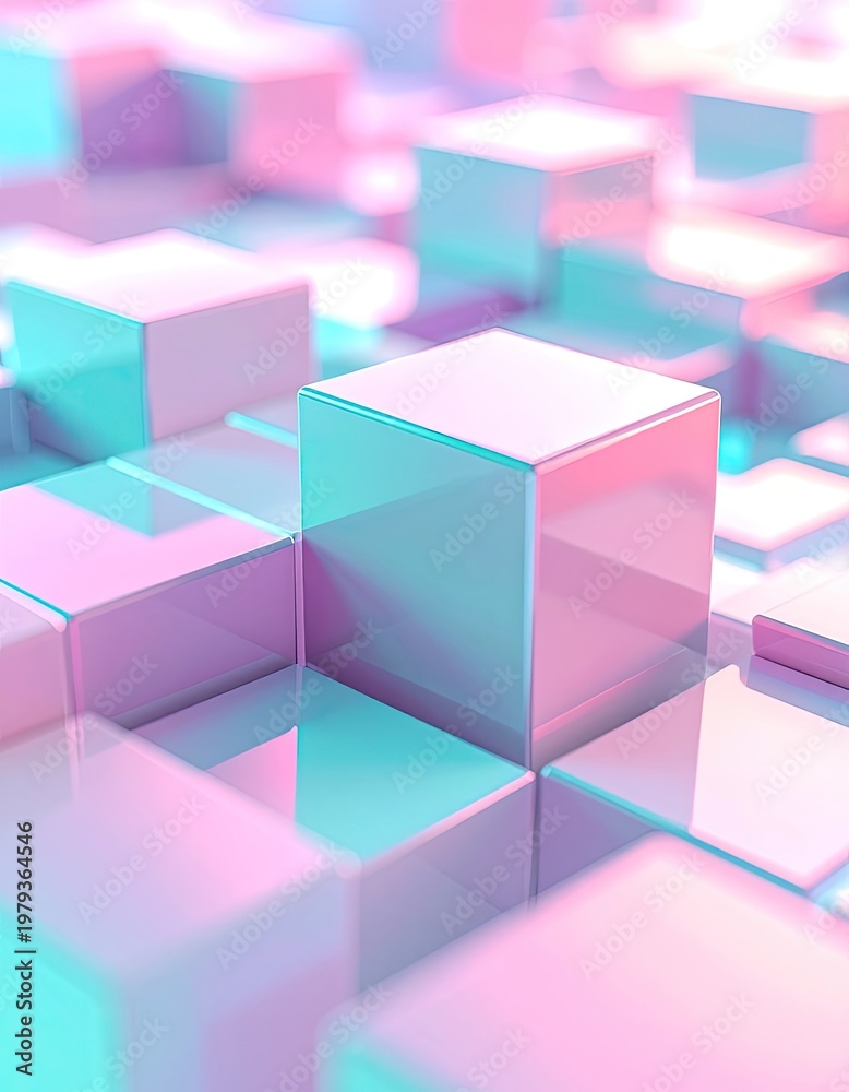 Fototapeta premium A vibrant abstract composition showcases a multitude of interconnected cubes bathed in a mesmerizing blend of pink and turquoise hues, creating a dynamic and visually striking digital artwork.