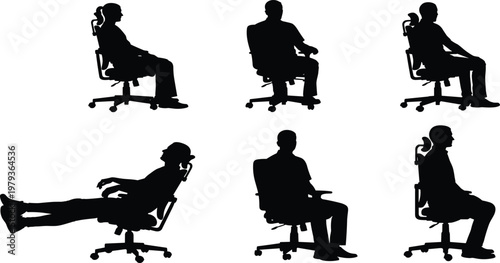 Set of black silhouettes of people sitting in office chairs in various poses isolated on white background, ergonomics and comfort