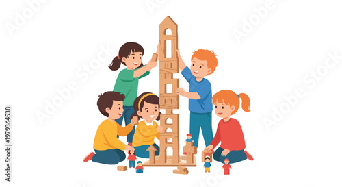 A group of cheerful children collaborates to construct a tall wooden block tower in this vibrant and playful vector illustration design.