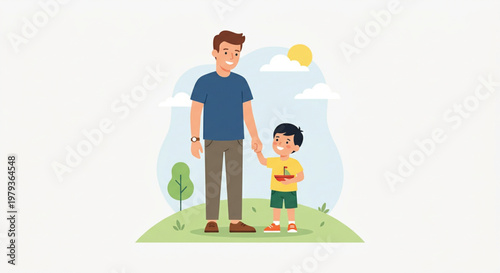 Cartoon illustration of a smiling father and son painting a wall together as a family art project with love