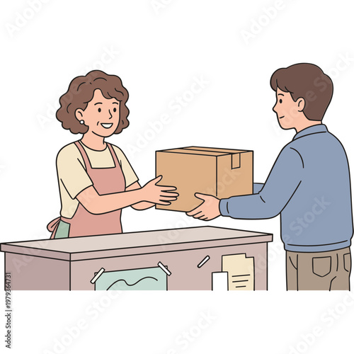 Woman hands cardboard box to man at counter in store.