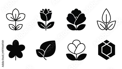 A collection of eight black floral and botanical icons showcasing diverse flower and leaf designs in a minimalist style high quality