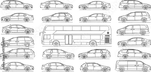 Set of car side view vector illustrations, technical drawings of sedan, suv, bus, and van for architectural site plan elevation