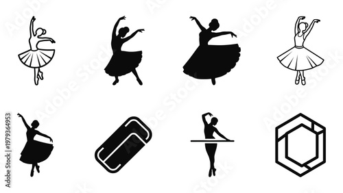 A collection of black silhouette icons depicting ballet dancers in various poses alongside geometric shapes high quality professional detailed modern elegant