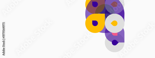 Abstract shapes, purple, yellow hues dominate. Overlapping circles create dynamic composition. Minimalist design, clean background.