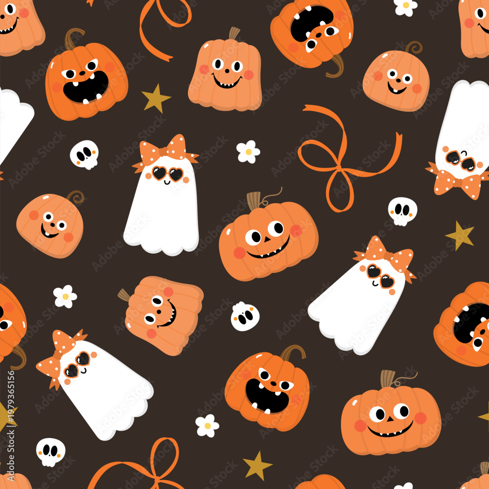 Obraz premium Happy halloween seamless pattern and background with spooky pumpkin, ghost, cute bow and ribbon. Holidays cartoon character. -Vector