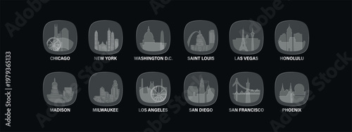 USA, American cities icons with glass, liquid effect. Set of cityscapes for interface design. Vector Chicago, Honolulu, Las Vegas, Milwaukee, New York, Phoenix skylines