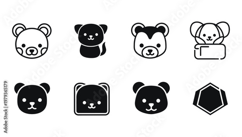 A collection of adorable stylized bear face icons and related shapes in a simple black and white design high quality professional