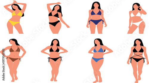 Set of diverse female silhouettes wearing colorful bikinis and swimwear, slim and curvy women posing in summer beach fashion flat illustration