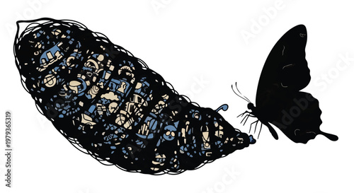 Dark butterfly emerging from a chaotic, abstract cocoon filled with tiny figures.