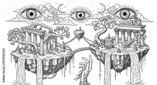 Fantasy landscape illustration with floating islands waterfalls and eye symbols