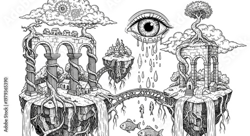Fantasy landscape illustration with floating islands eye and surreal elements
