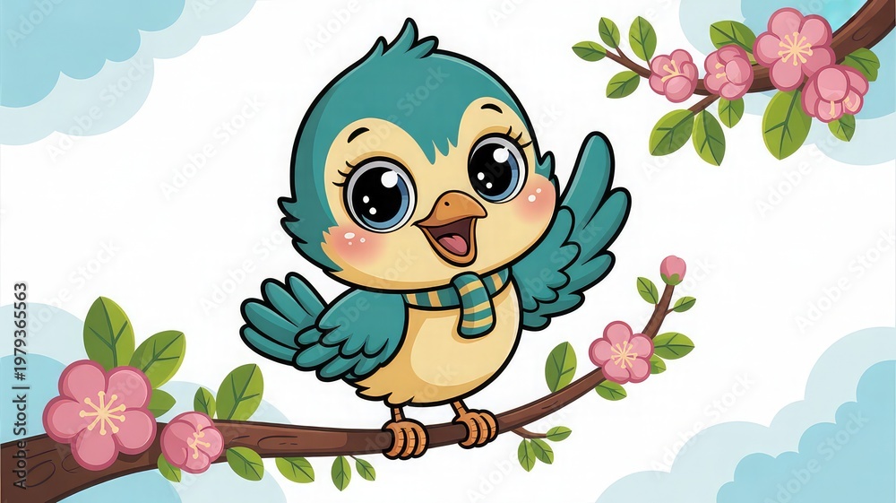 Obraz premium Cute Blue Bird Cartoon Illustration on Flower Branch with Spring Sky Background