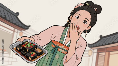 Woman in Traditional Dress Holding Stinky Tofu