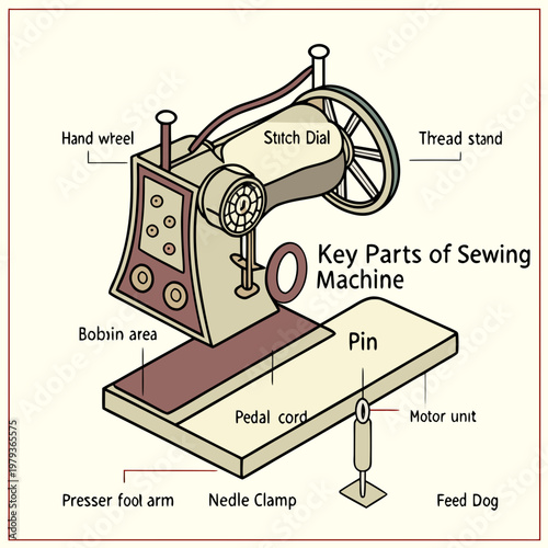 Key parts of a sewing machine - detailed illustration with labels, illustration