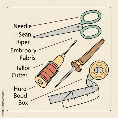 Sewing tools and notions - needle scissors seam ripper thread spool tape measure