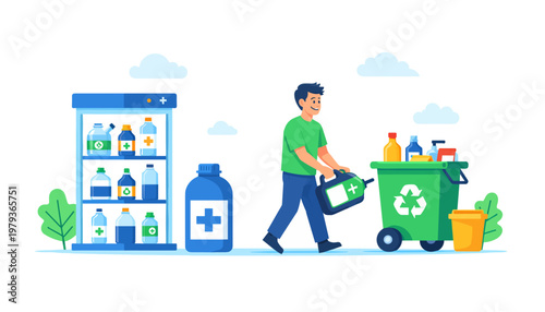 Man carrying recycling bin filled with waste to green trash can  