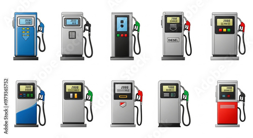 Collection of modern fuel pumps for gasoline and diesel at a service station.