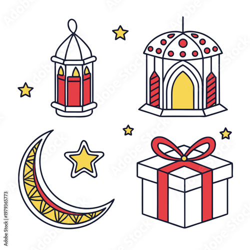 Ramadan islamic symbols: crescent moon stars lanterns and gift box crescent