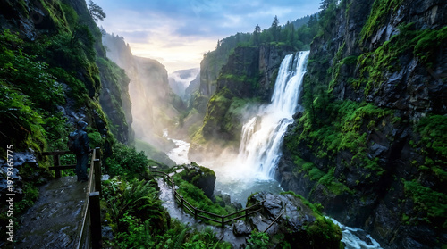 Waterfall landscape scenery with a lone hiker standing on a wooden pathway observing the massive cascading water surrounded by lush green rocky cliffs during sunset