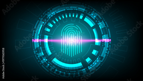 Futuristic biometric security interface and glow fingerprint scan circular digital HUD, with neon light beam and data ring, identity verification, cybersecurity and advanced authentication system.