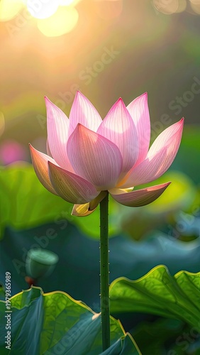 A vibrant pink lotus flower blooms gracefully in a tranquil pond, bathed in the warm glow of the setting sun, showcasing its delicate petals and serene beauty.