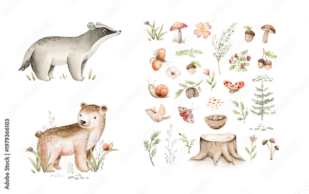 Fototapeta premium Watercolor cute baby bear and badger animal. Woodland nursery isolated illustration character with floral elements for children. watercolour forest drawing, floral image
