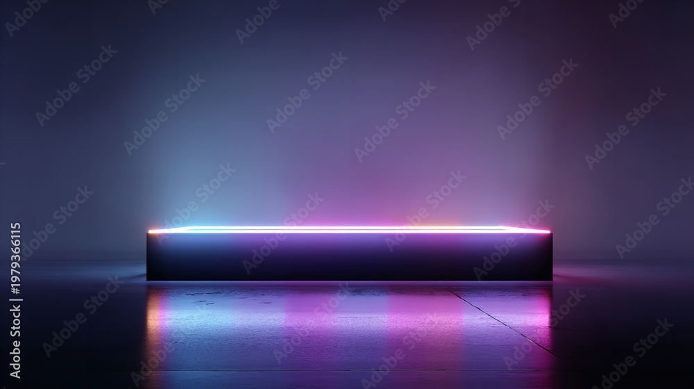 Obraz premium Abstract neon lights on the horizontal block reflecting on the floor.