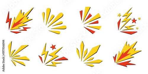 Vector set of pop art explosion elements and comic book burst icons on transparent background. Eight yellow and red lightning bolts, stars, and sharp spark shapes with black shadows.