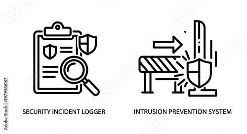 Cybersecurity icons set security incident logger and intrusion prevention system