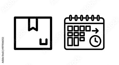 Package delivery box and shipping schedule icons with delivery, shipping