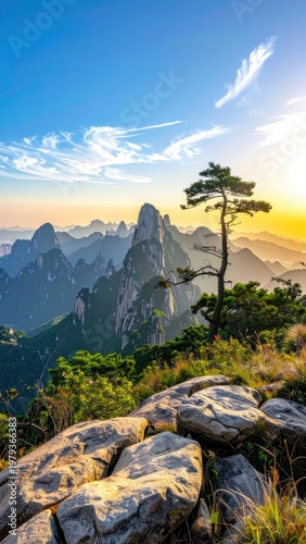 A breathtaking panoramic view showcases towering granite peaks bathed in the golden light of sunset, with a solitary pine tree standing proudly on a rocky outcrop.