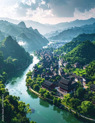 A picturesque village nestled along a winding river in a lush, mountainous landscape showcases traditional architecture and stunning natural beauty.